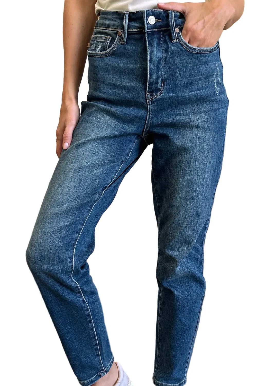 Womens Plus Size High-Waisted Skinny Jeans in Medium Blue Denim with Full Length, Button and Zipper