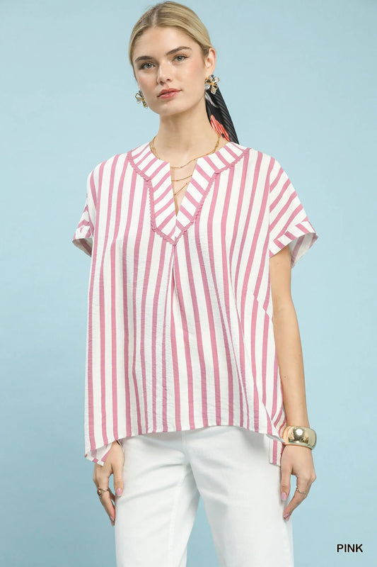 Umgee Mixed Stripe Split Neck Oversized Blouse