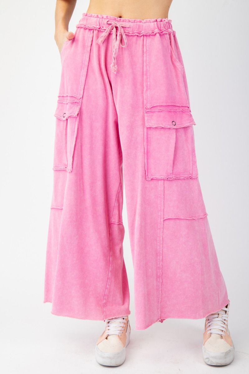 E21 Easel Feeling Good Bubble Gum Pink Mineral Wash Wide Leg Cargo Pants