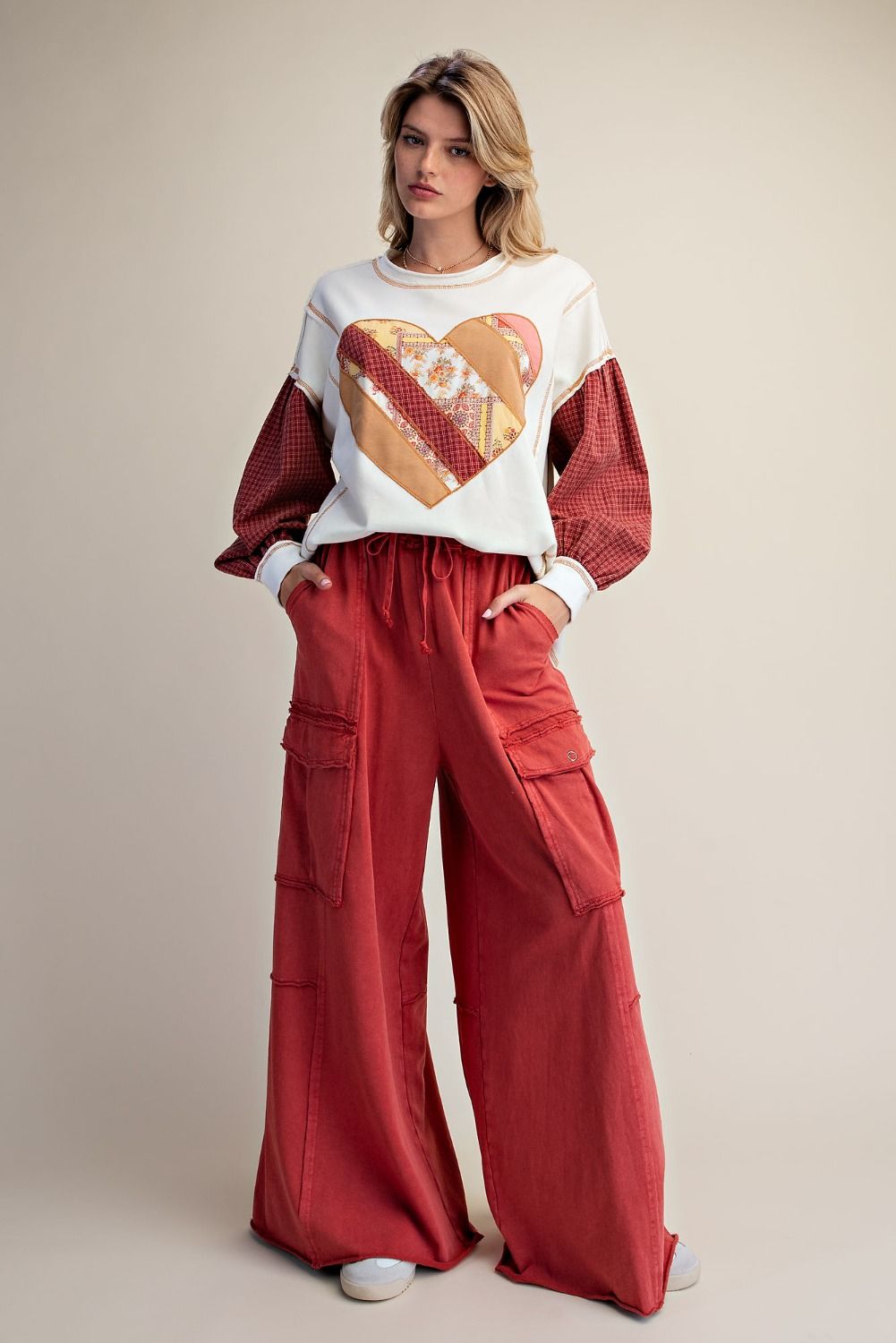 Easel Mineral Washed Terry Knit Cargo Pants in Boho Red