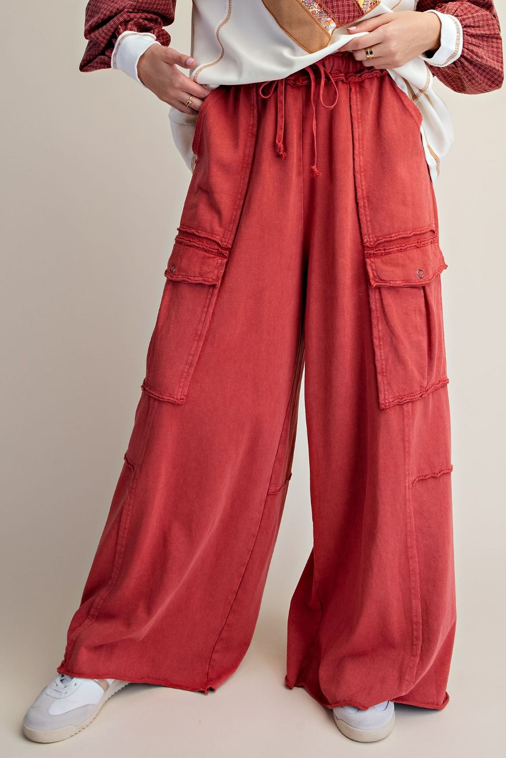 Easel Mineral Washed Terry Knit Cargo Pants in Boho Red