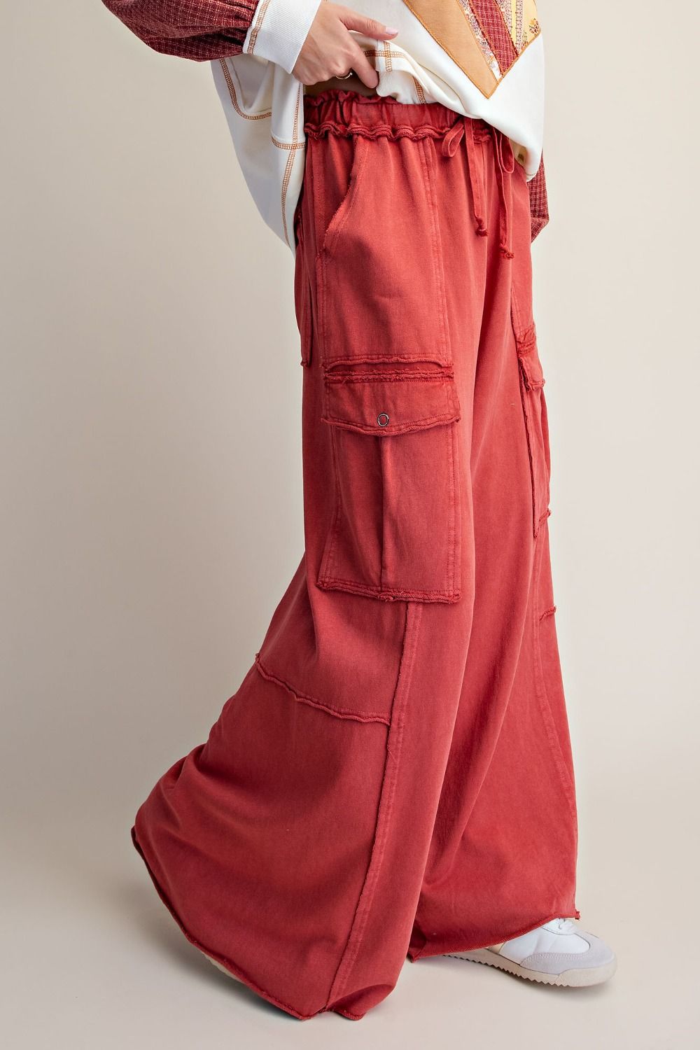 Easel Mineral Washed Terry Knit Cargo Pants in Boho Red