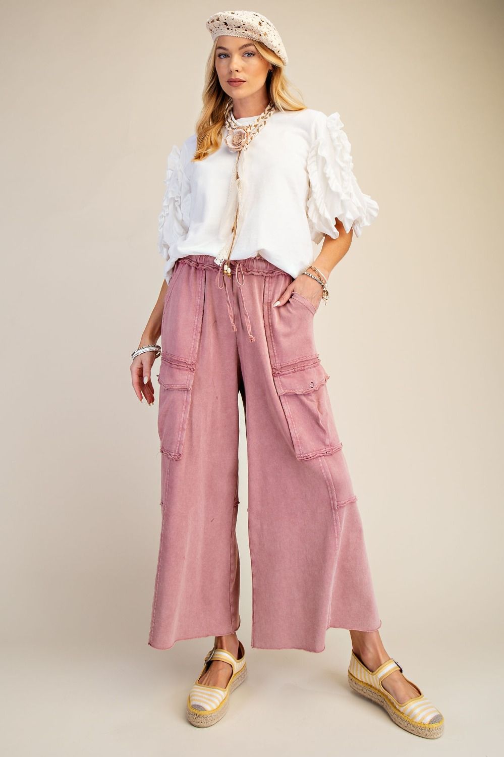 Easel Mineral Washed Terry Knit Cargo Pants in Faded Plum