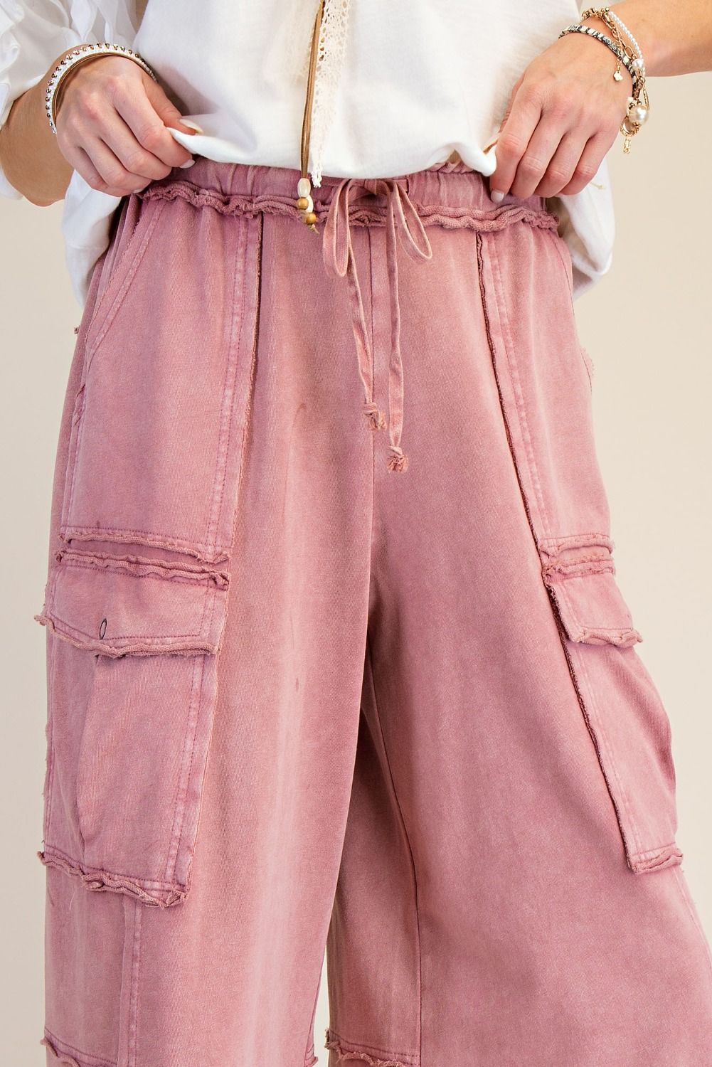 Easel Mineral Washed Terry Knit Cargo Pants in Faded Plum