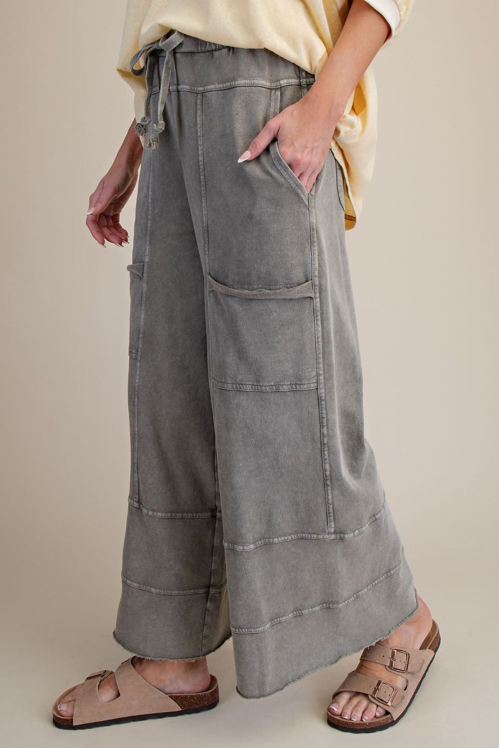 Easel Mineral Washed Terry Knit Pants in Ash Gray