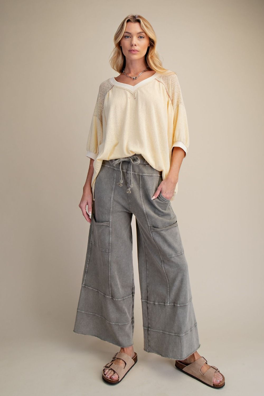 Easel Mineral Washed Terry Knit Pants in Ash Gray