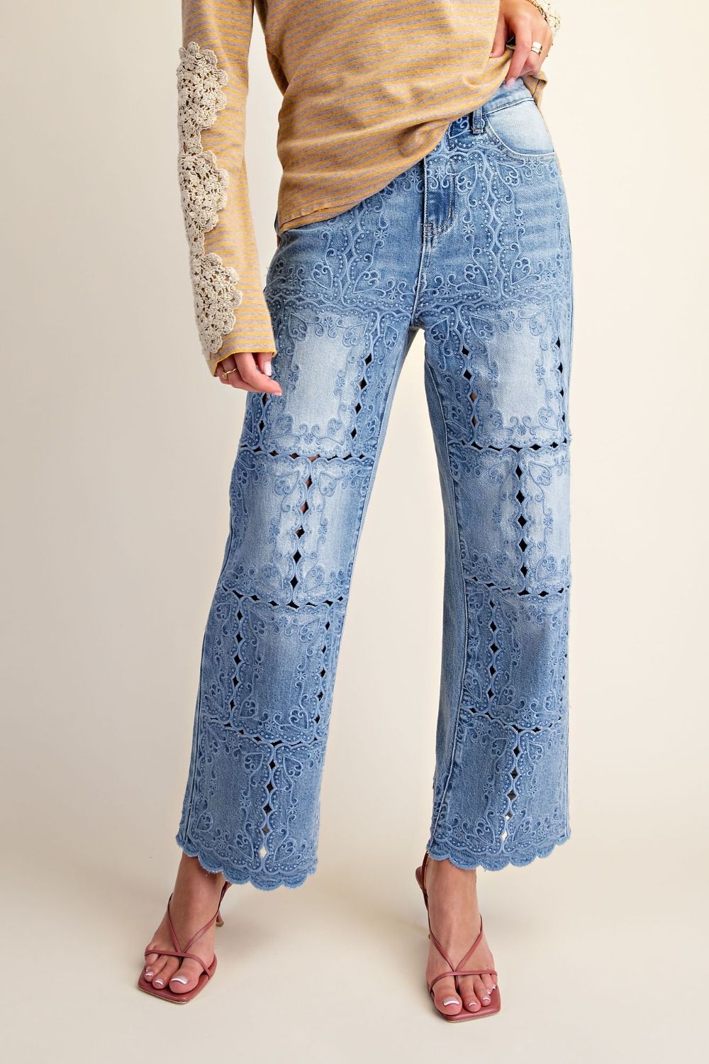 Easel Embroidered Lace Cutout Washed Denim Pants