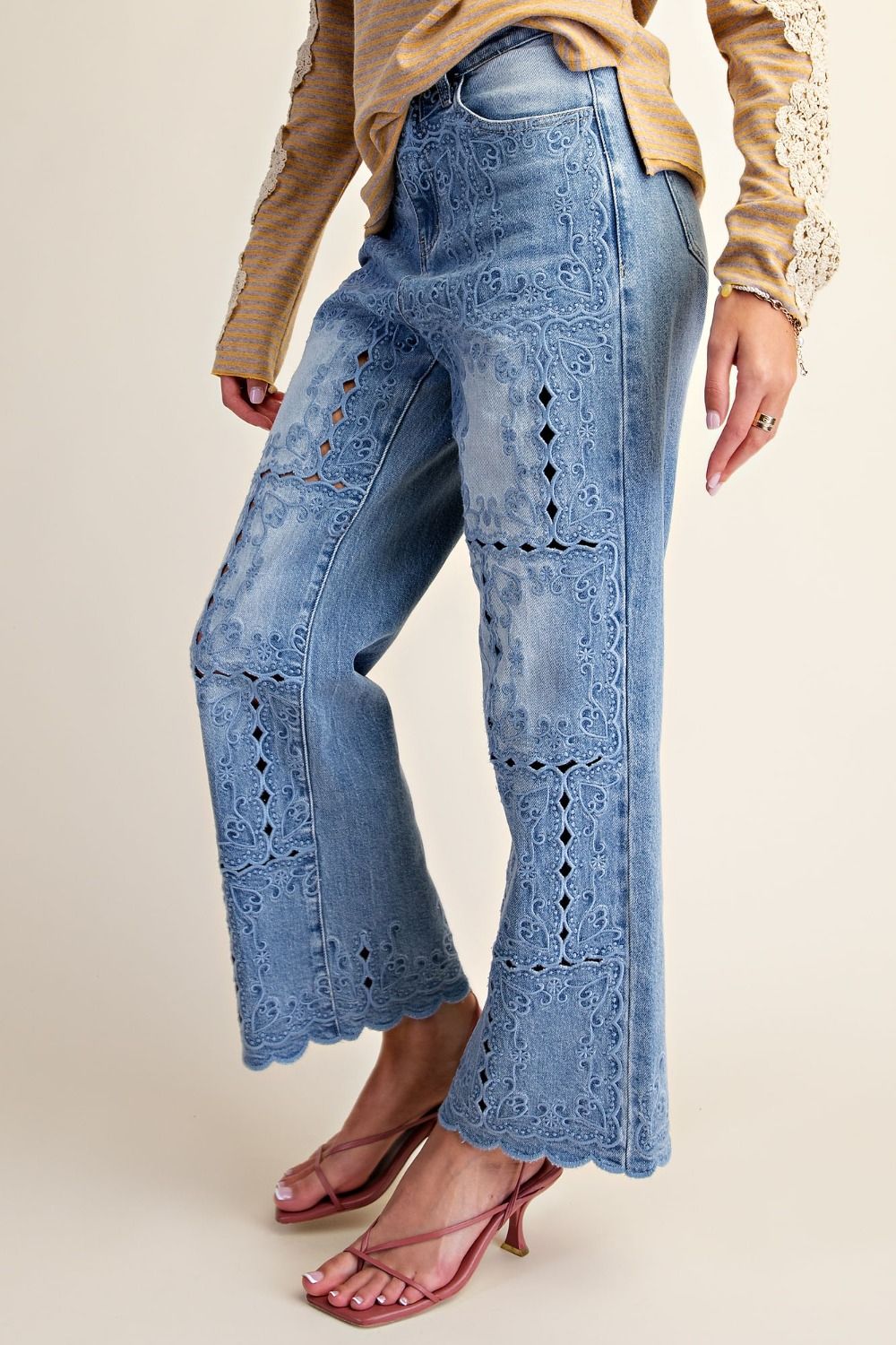 Easel Embroidered Lace Cutout Washed Denim Pants