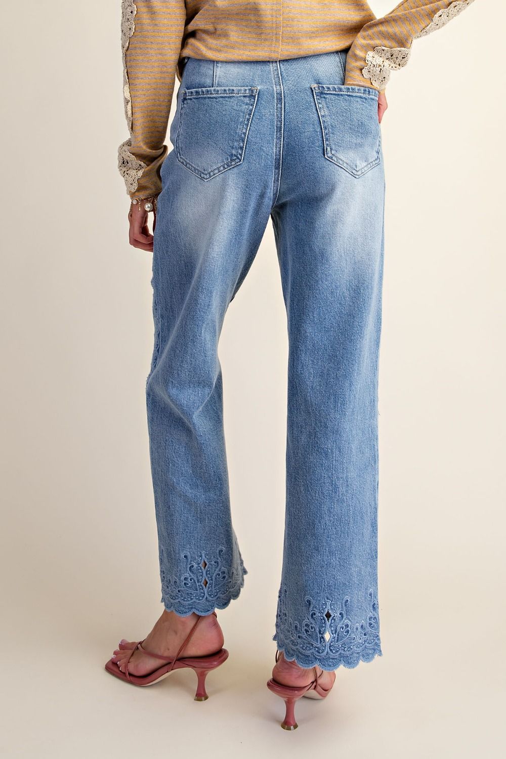 Easel Embroidered Lace Cutout Washed Denim Pants
