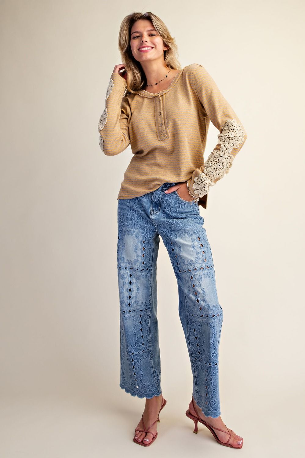 Easel Embroidered Lace Cutout Washed Denim Pants