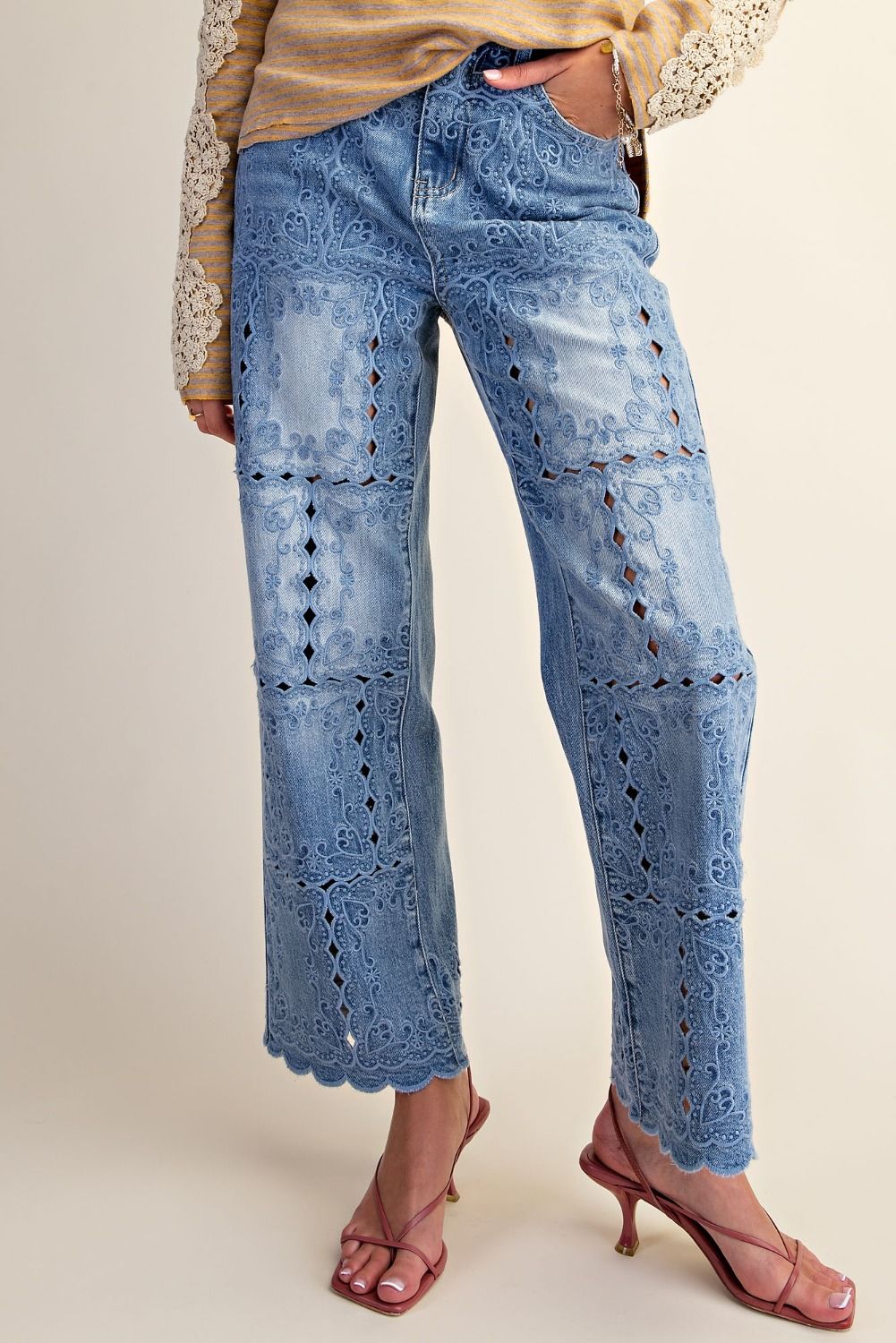 Easel Embroidered Lace Cutout Washed Denim Pants