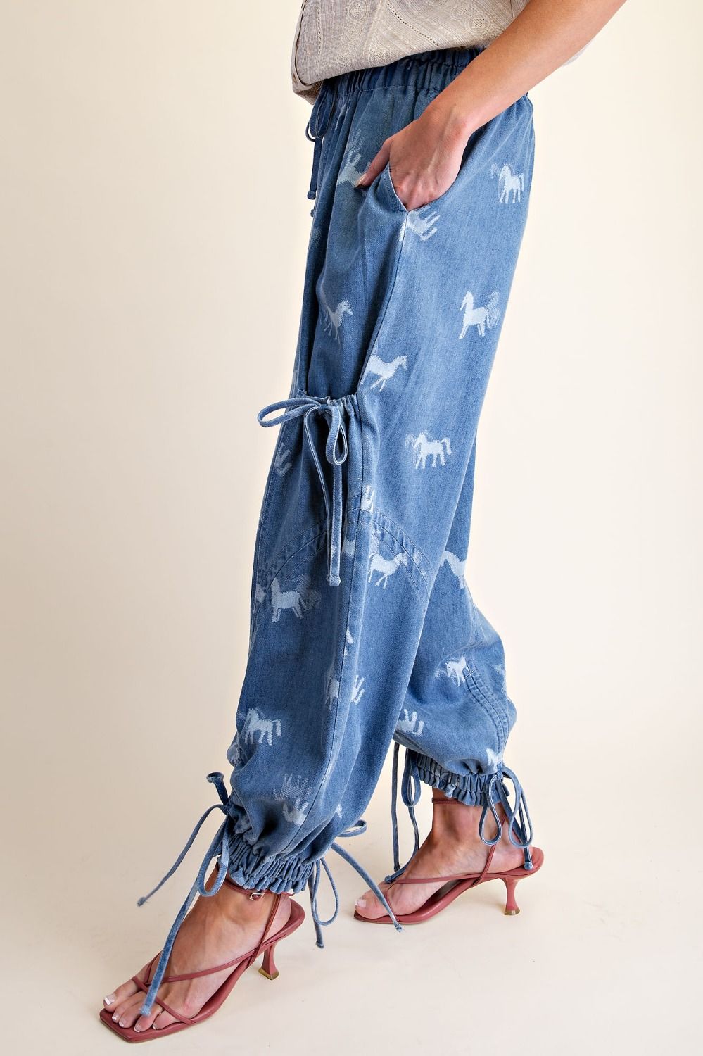 Easel Horse Print Mineral Wash Barrel Denim Pants
