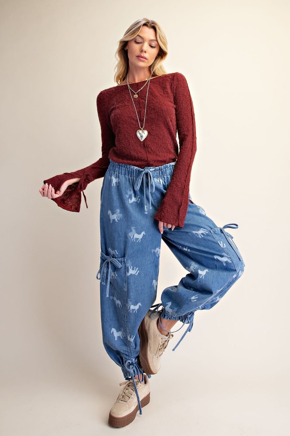 Easel Horse Print Mineral Wash Barrel Denim Pants