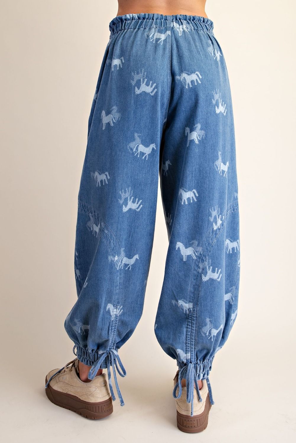 Easel Horse Print Mineral Wash Barrel Denim Pants