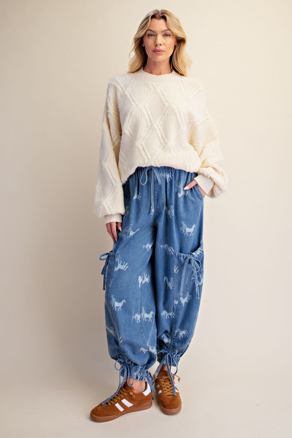 Easel Horse Print Mineral Wash Barrel Denim Pants