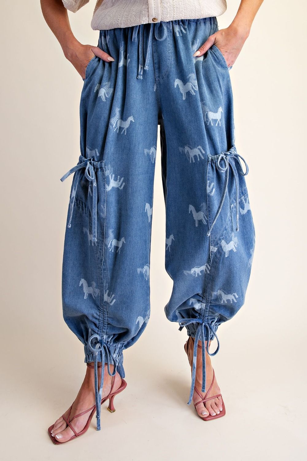 Easel Horse Print Mineral Wash Barrel Denim Pants