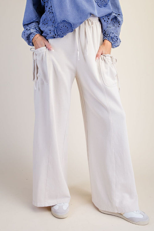 Easel Mineral Washed Terry Knit Pants Plus and Regular in Ecru