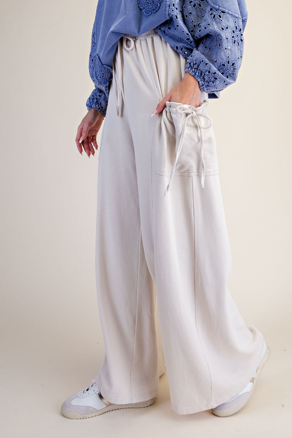 Easel Mineral Washed Terry Knit Pants Plus and Regular in Ecru