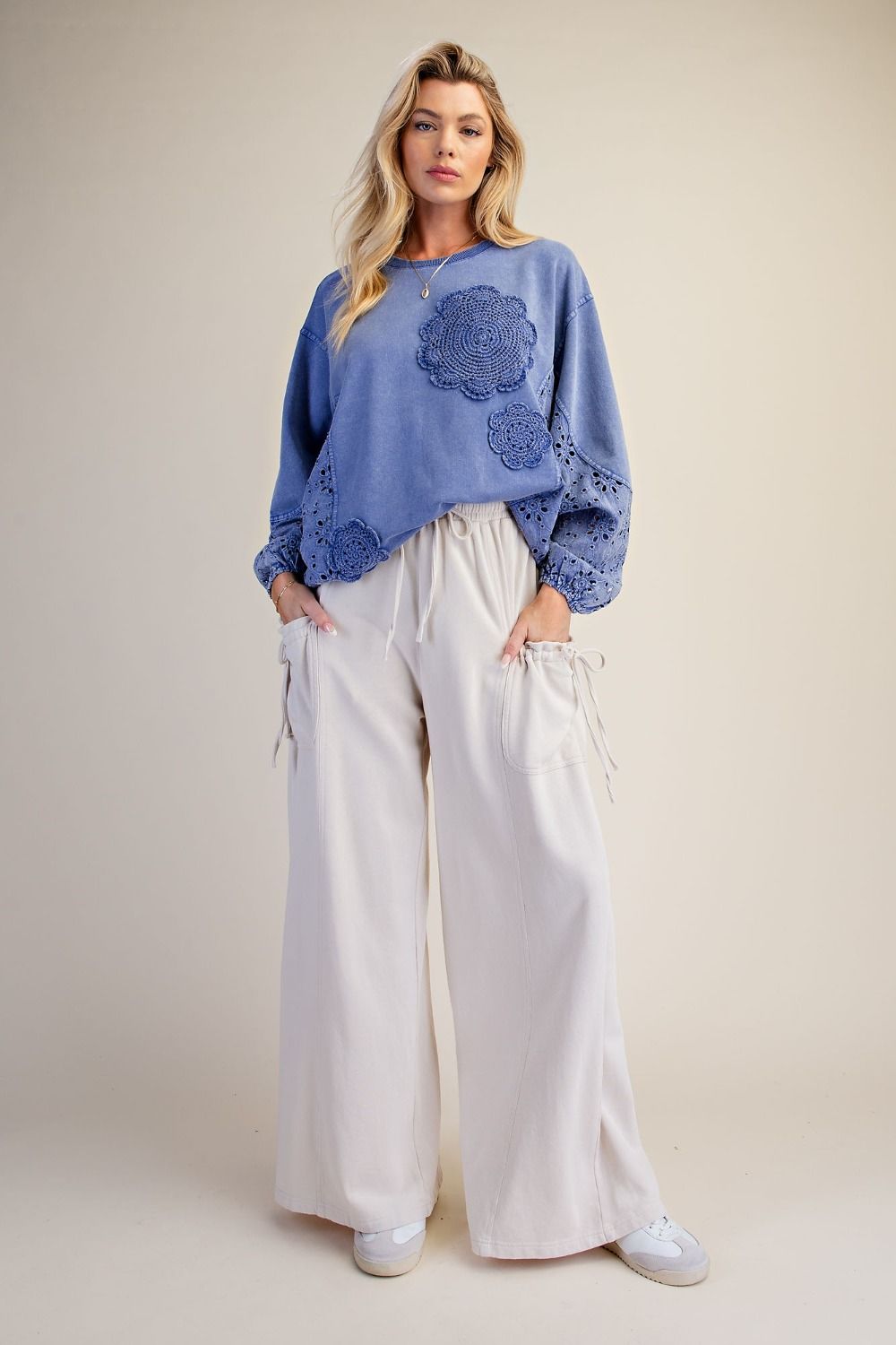 Easel Mineral Washed Terry Knit Pants Plus and Regular in Ecru