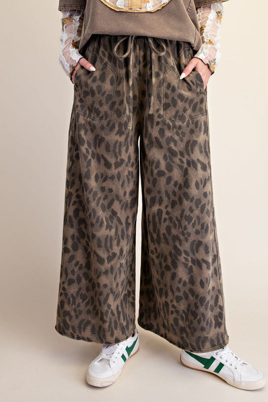 Easel PLUS SIZE - Olive Mineral Washed Leopard Wide-Leg Terry Pants