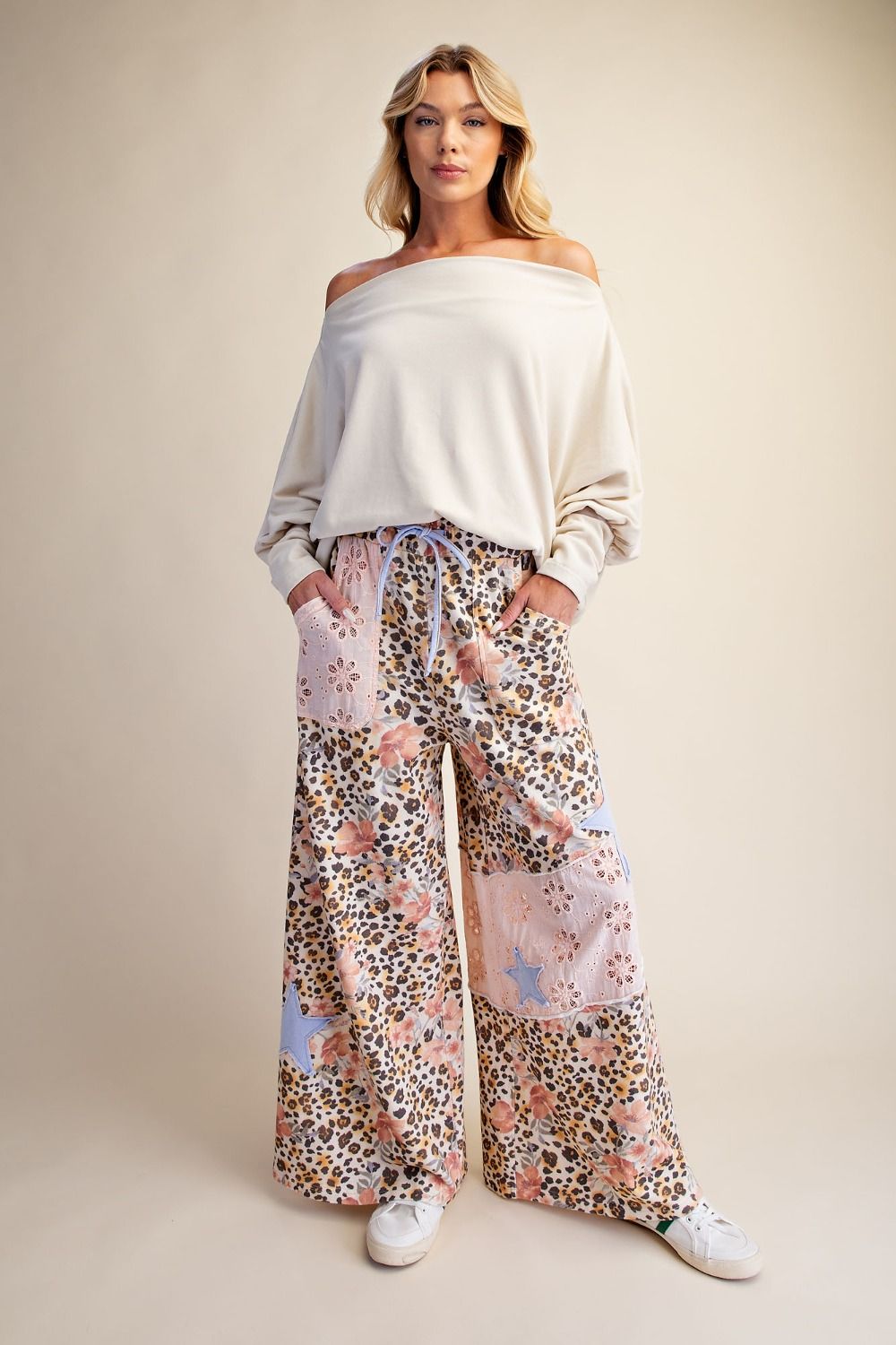 Easel PLUS SIZE - Patchwork Animal Wide-Leg Drawstring Pants - Peach Multi