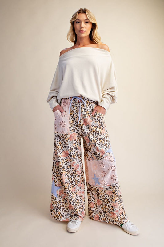 Easel PLUS SIZE - Patchwork Animal Wide-Leg Drawstring Pants - Peach Multi