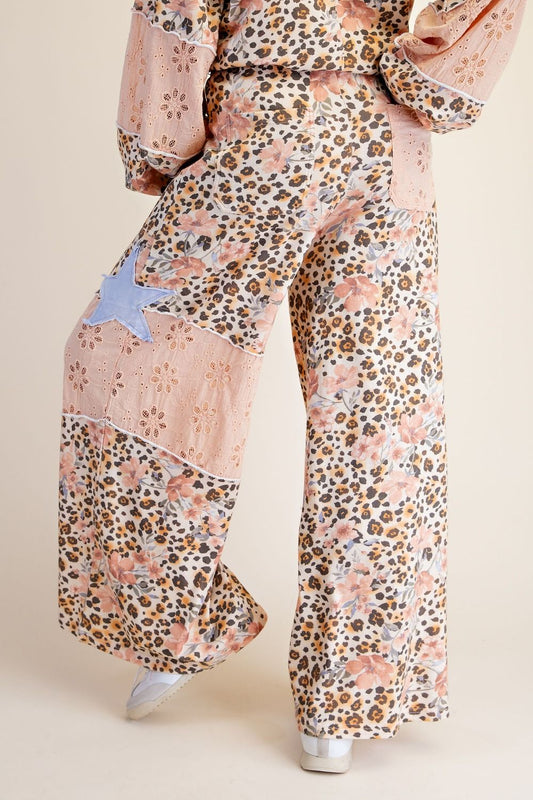 Easel PLUS SIZE - Patchwork Animal Wide-Leg Drawstring Pants - Peach Multi
