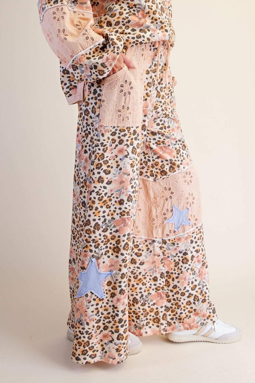 Easel PLUS SIZE - Patchwork Animal Wide-Leg Drawstring Pants - Peach Multi