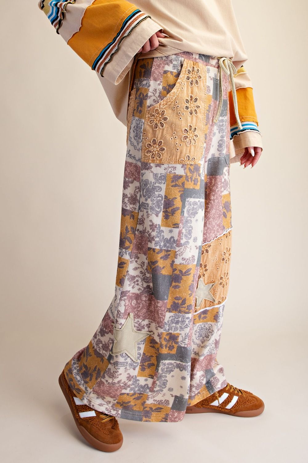 Coming Soon!  Easel PLUS SIZE - Star Patchwork Floral Wide-Leg Drawstring Pants