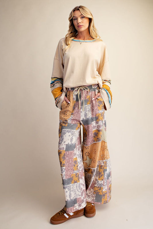 Coming Soon!  Easel PLUS SIZE - Star Patchwork Floral Wide-Leg Drawstring Pants