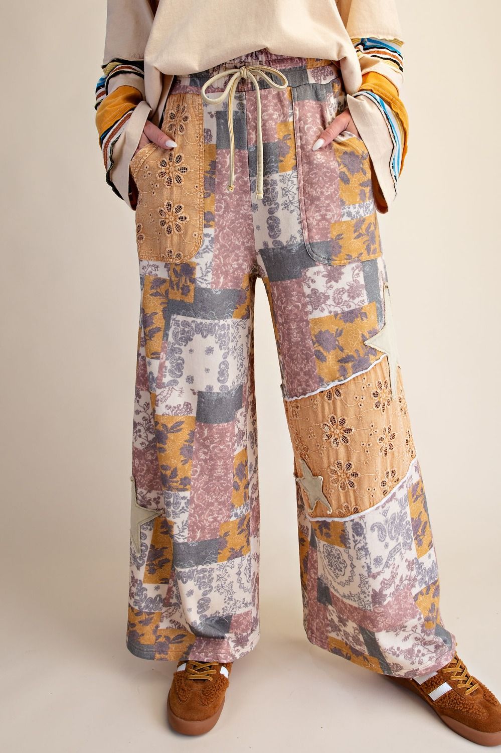 Coming Soon!  Easel PLUS SIZE - Star Patchwork Floral Wide-Leg Drawstring Pants