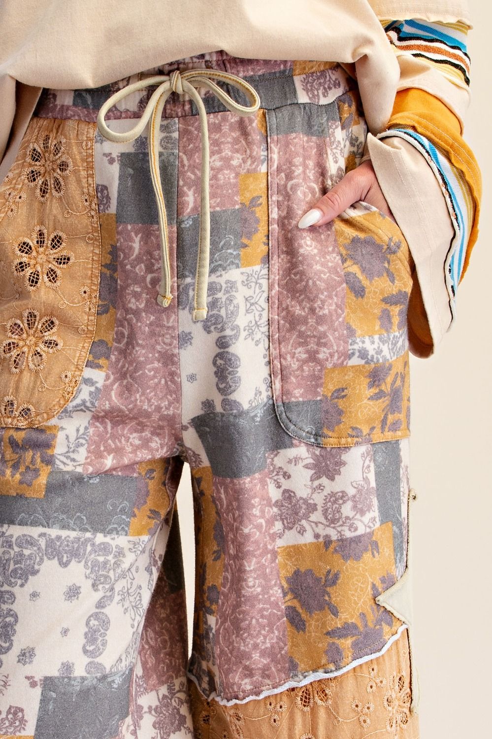Coming Soon!  Easel PLUS SIZE - Star Patchwork Floral Wide-Leg Drawstring Pants