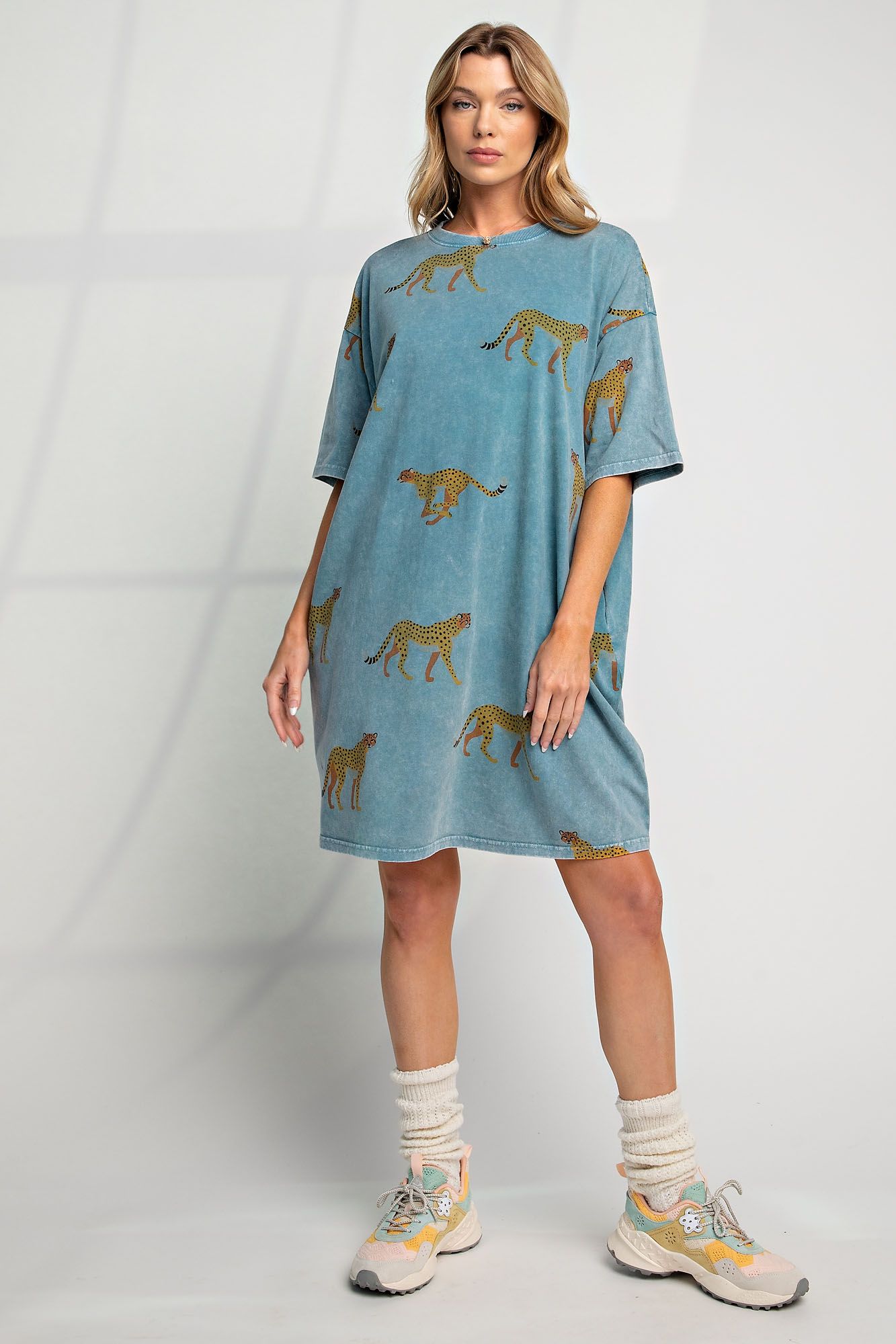Easel Mineral Washed Cheetah T-Shirt Dress in Plus