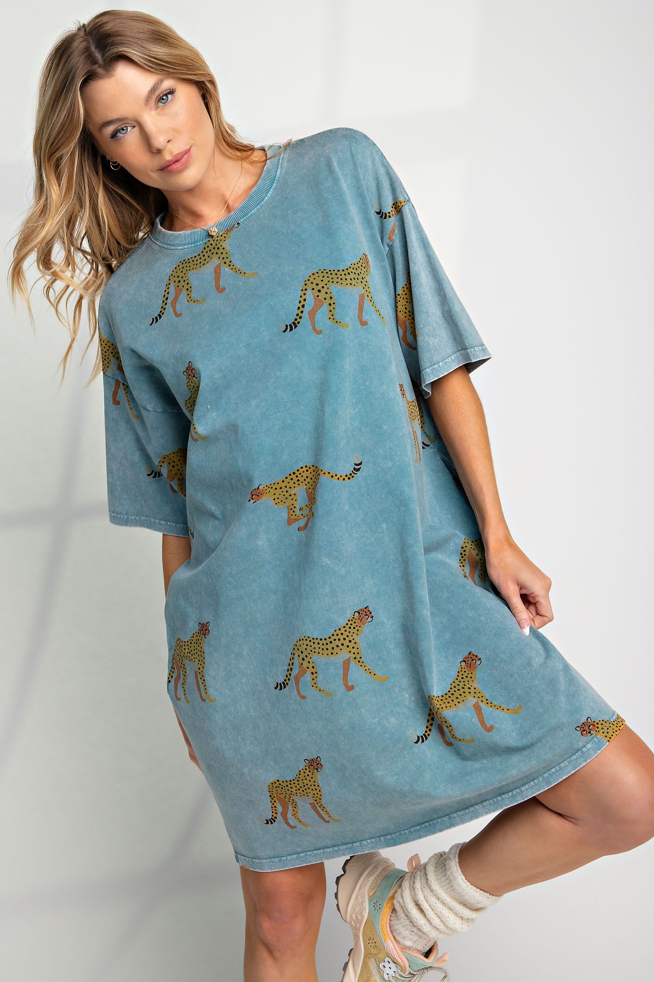 Easel Mineral Washed Cheetah T-Shirt Dress in Plus