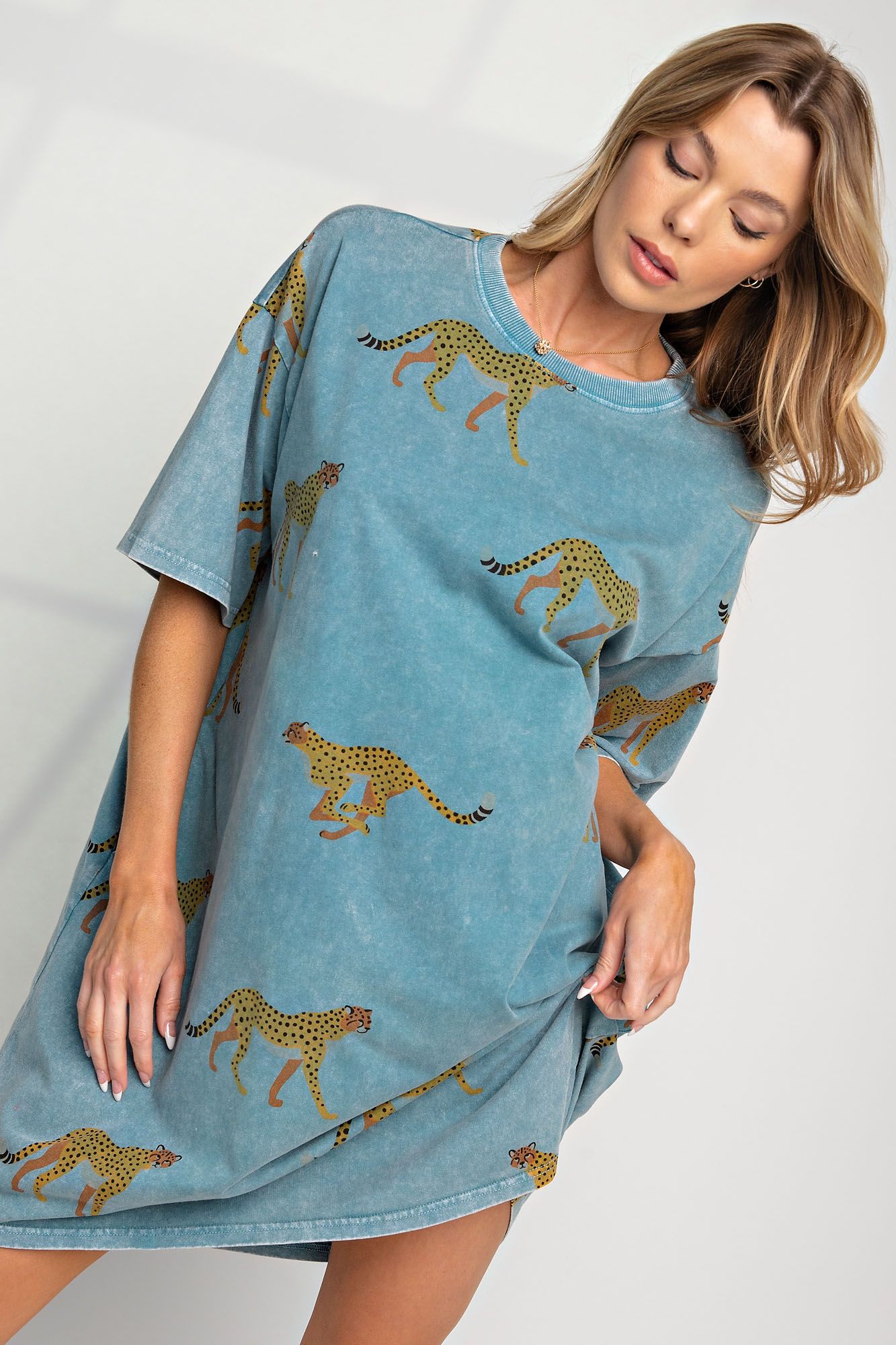 Easel Mineral Washed Cheetah T-Shirt Dress in Plus