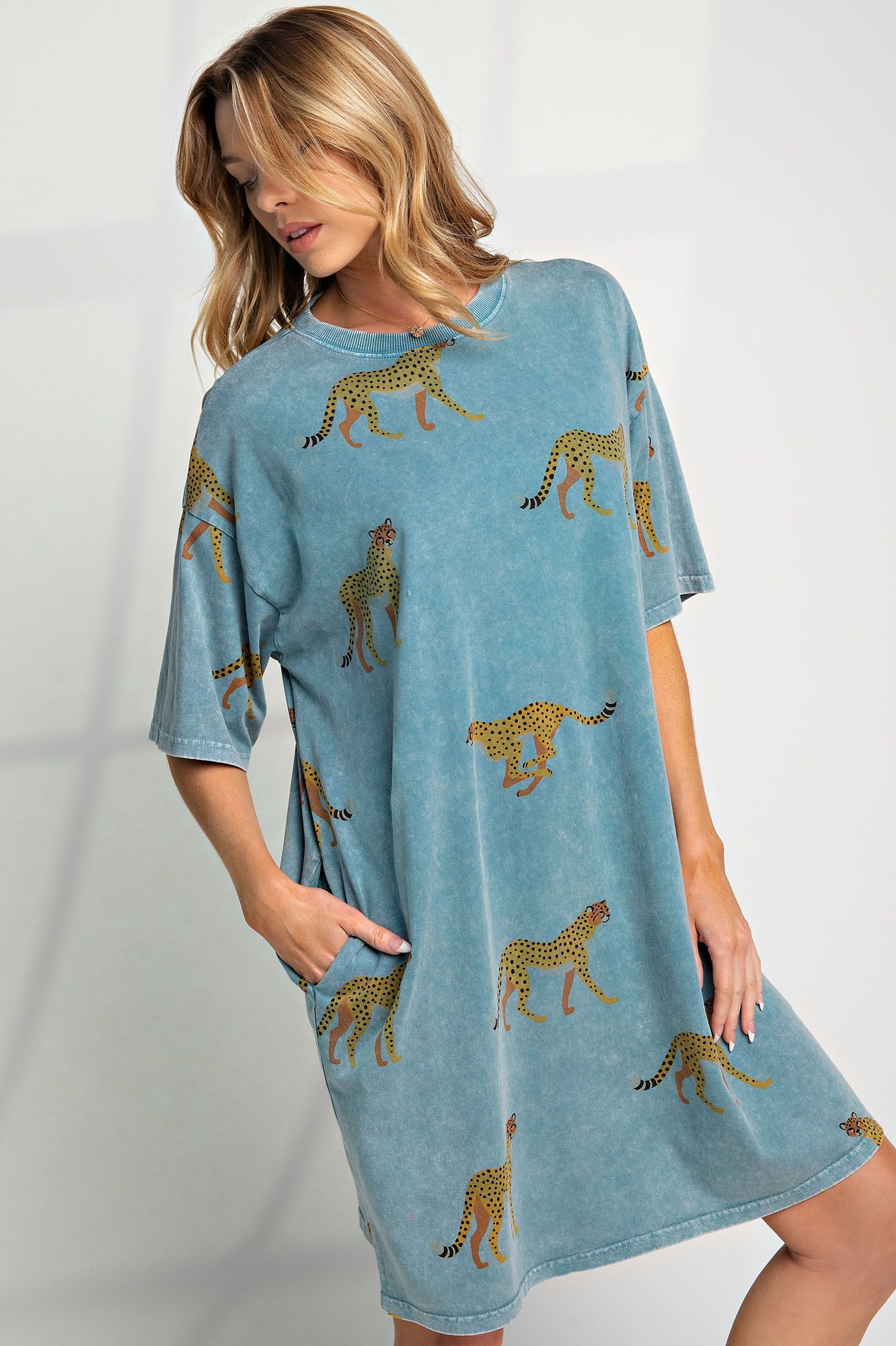 Easel Mineral Washed Cheetah T-Shirt Dress in Plus