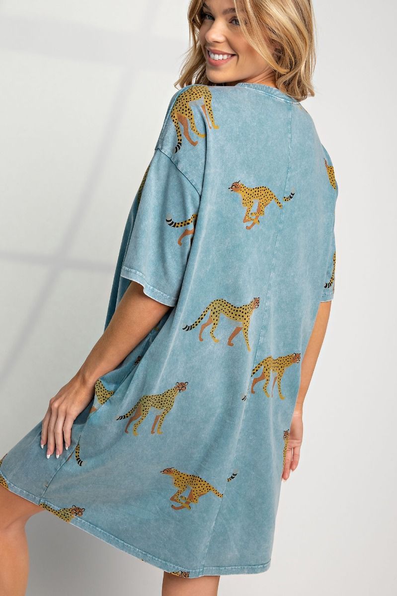 Easel Mineral Washed Cheetah T-Shirt Dress in Plus