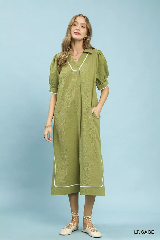 Umgee Seersucker Midi Dress with Contrast Trim