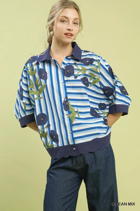 Umgee Mix Floral Stripe Button Down Top