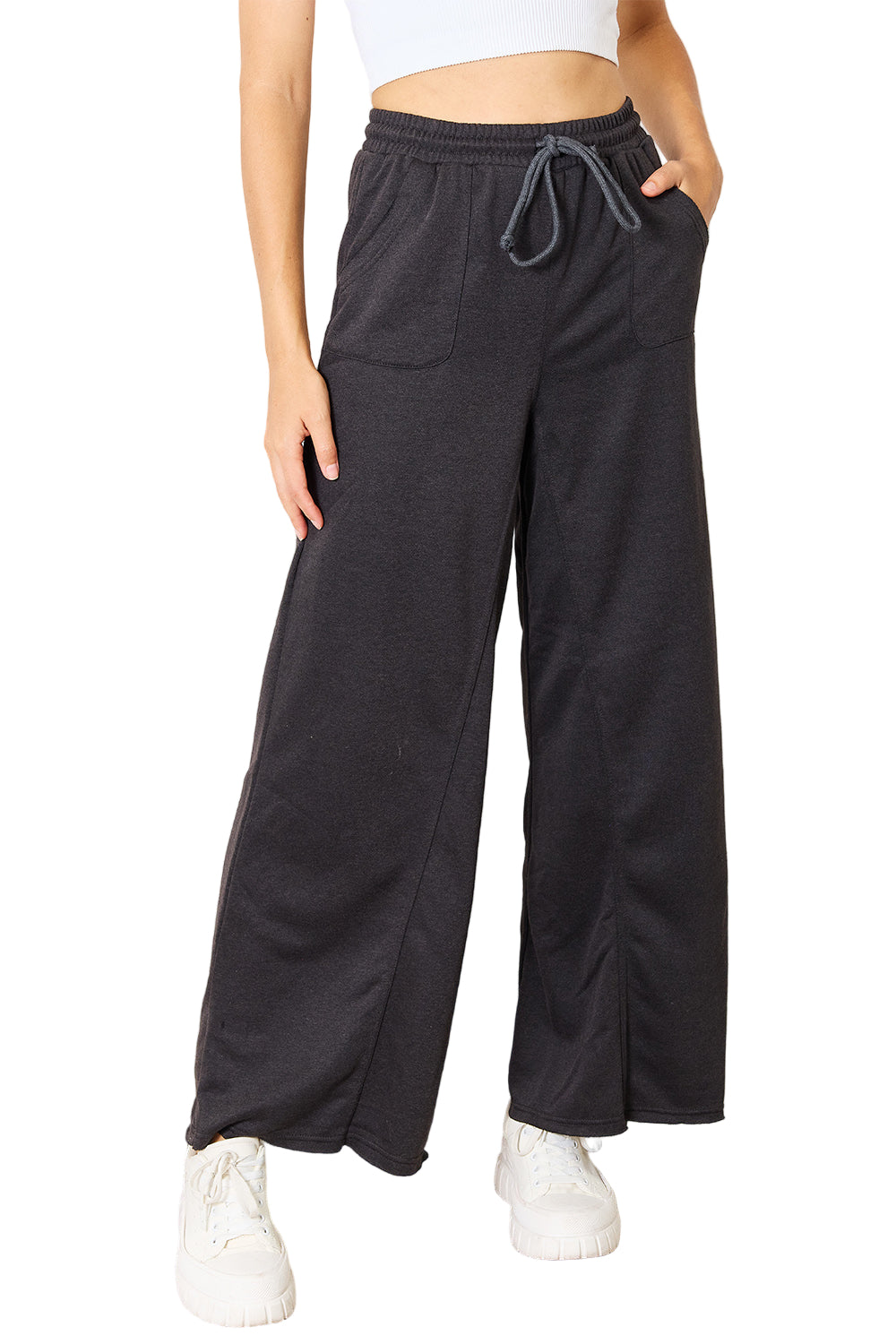 Garden Naked Women's Casual Pants Wide-Leg Drawstring Waist with Pocketed Lounge Pants Charcoal Elastic Waist