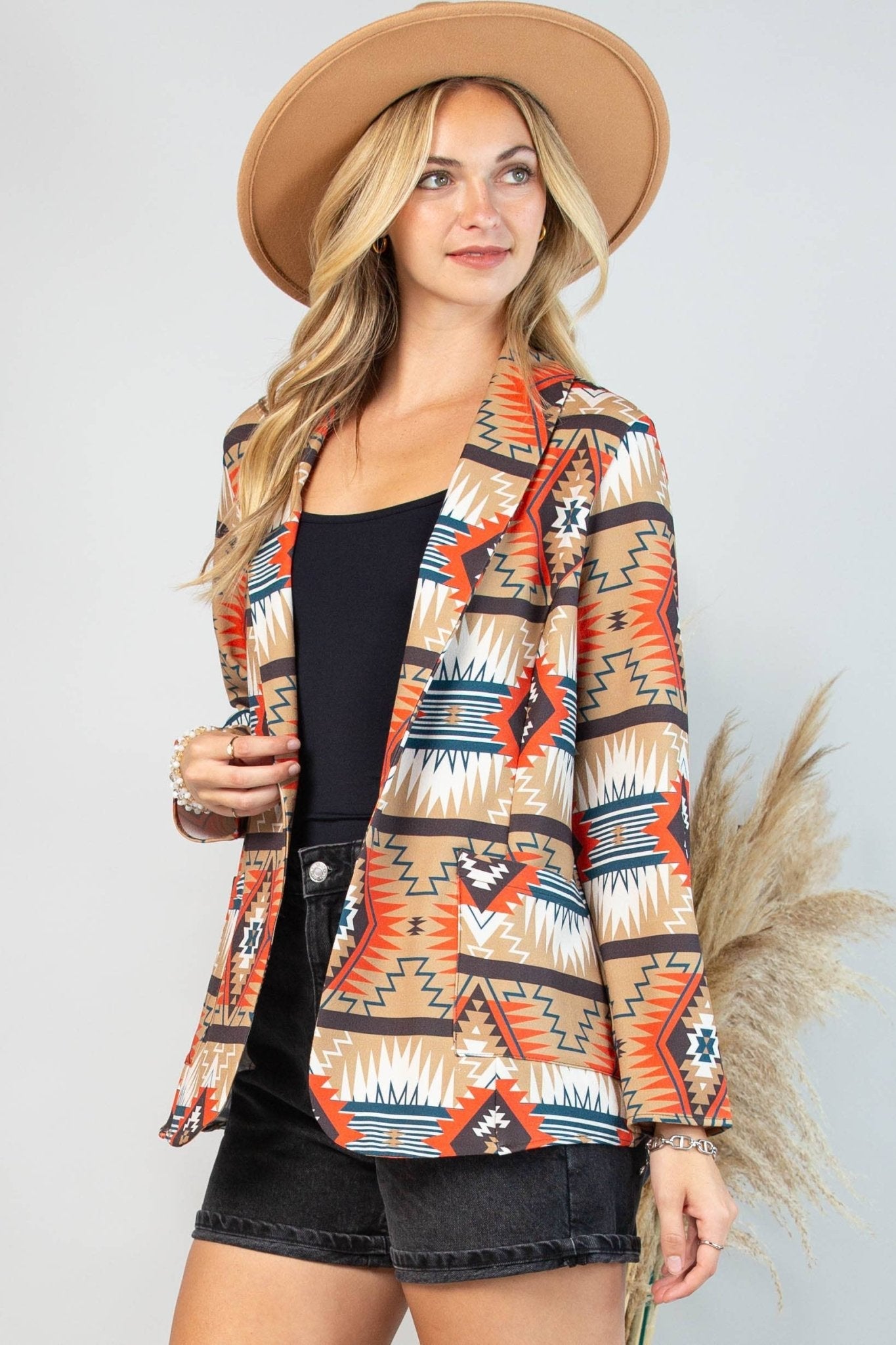 Avery "Ella" Aztec Print Western Blazer — Bold Aztec Design with Functional Pocket (medium remaining)