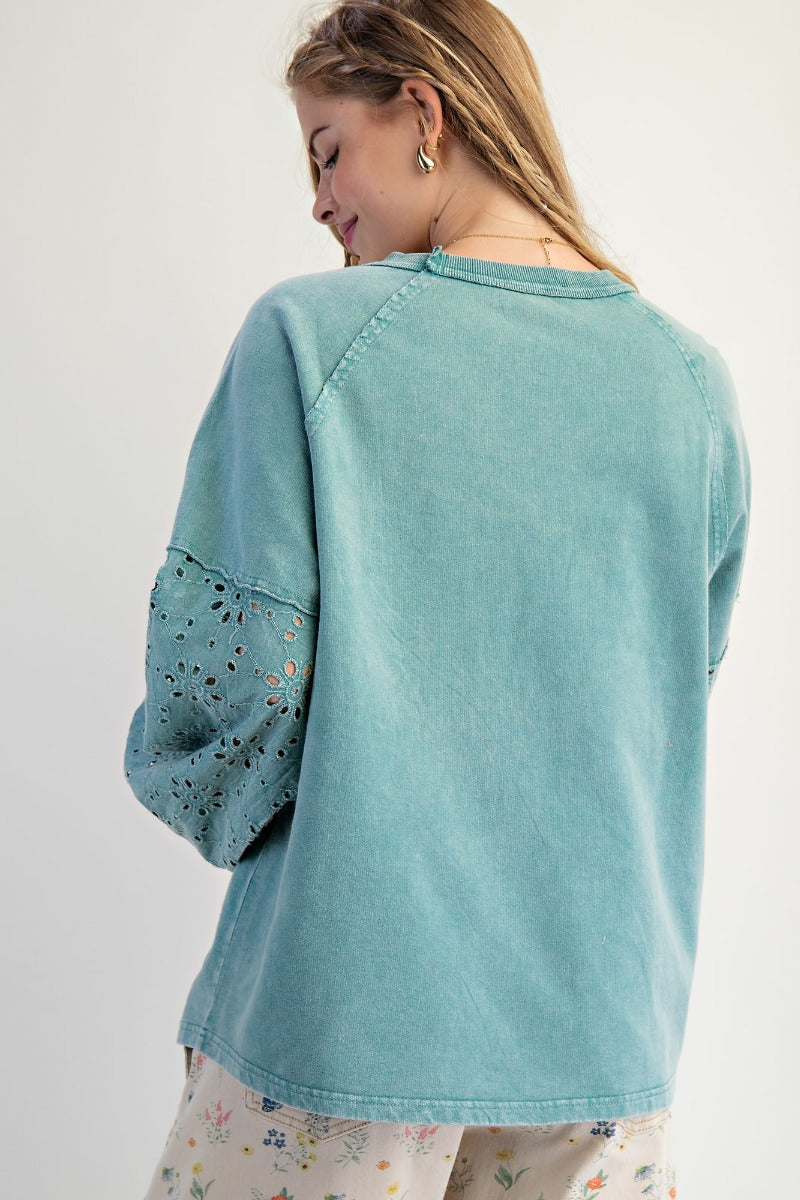 Easel Faded Teal Washed Terry Pullover with Eyelet Lace Design