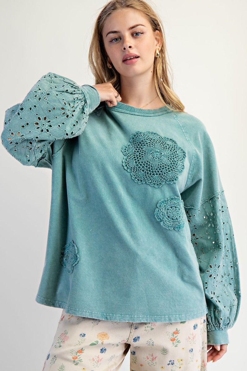 Easel Faded Teal Washed Terry Pullover with Eyelet Lace Design