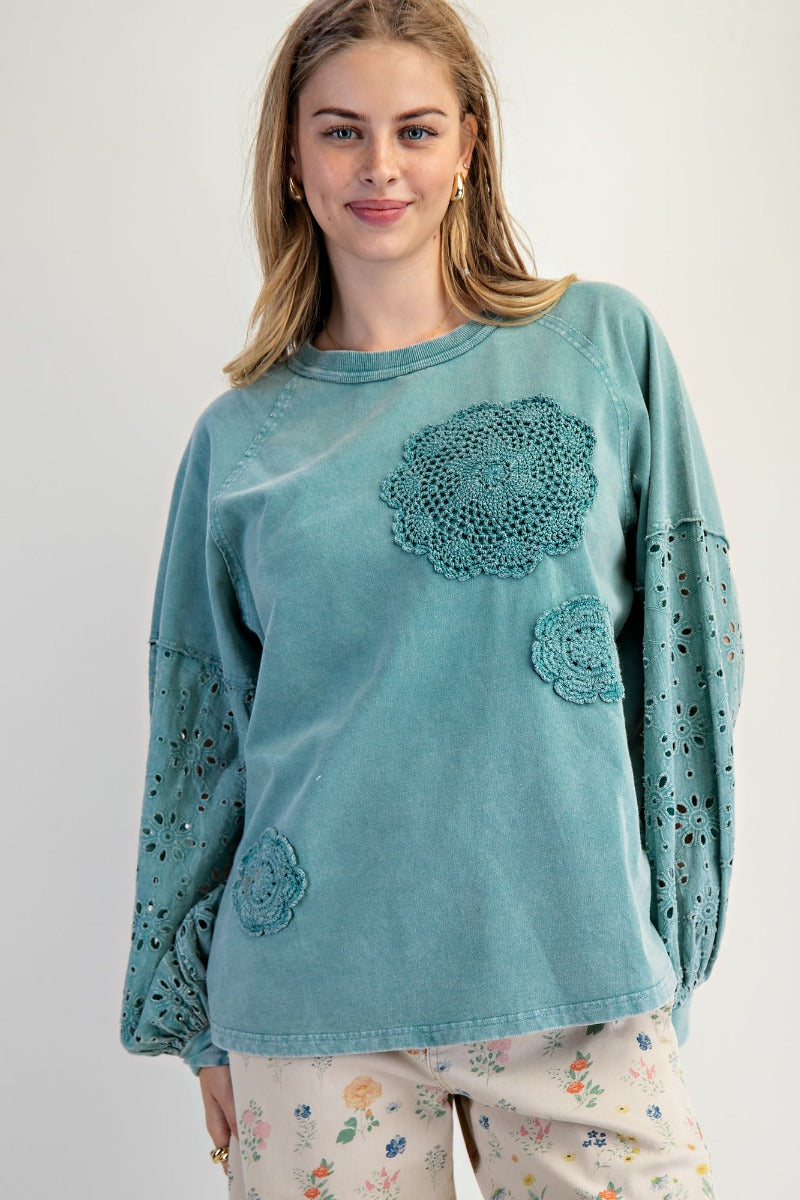 Easel Faded Teal Washed Terry Pullover with Eyelet Lace Design