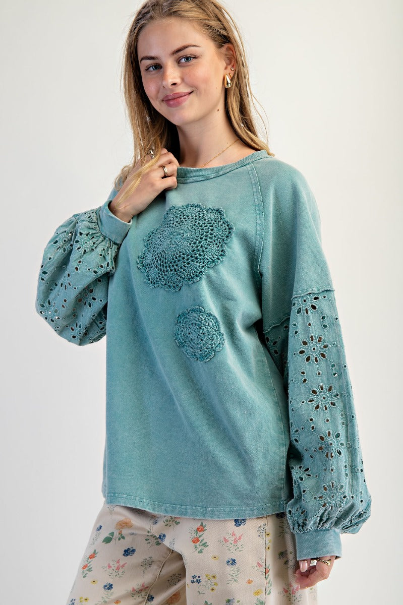 Easel Faded Teal Washed Terry Pullover with Eyelet Lace Design