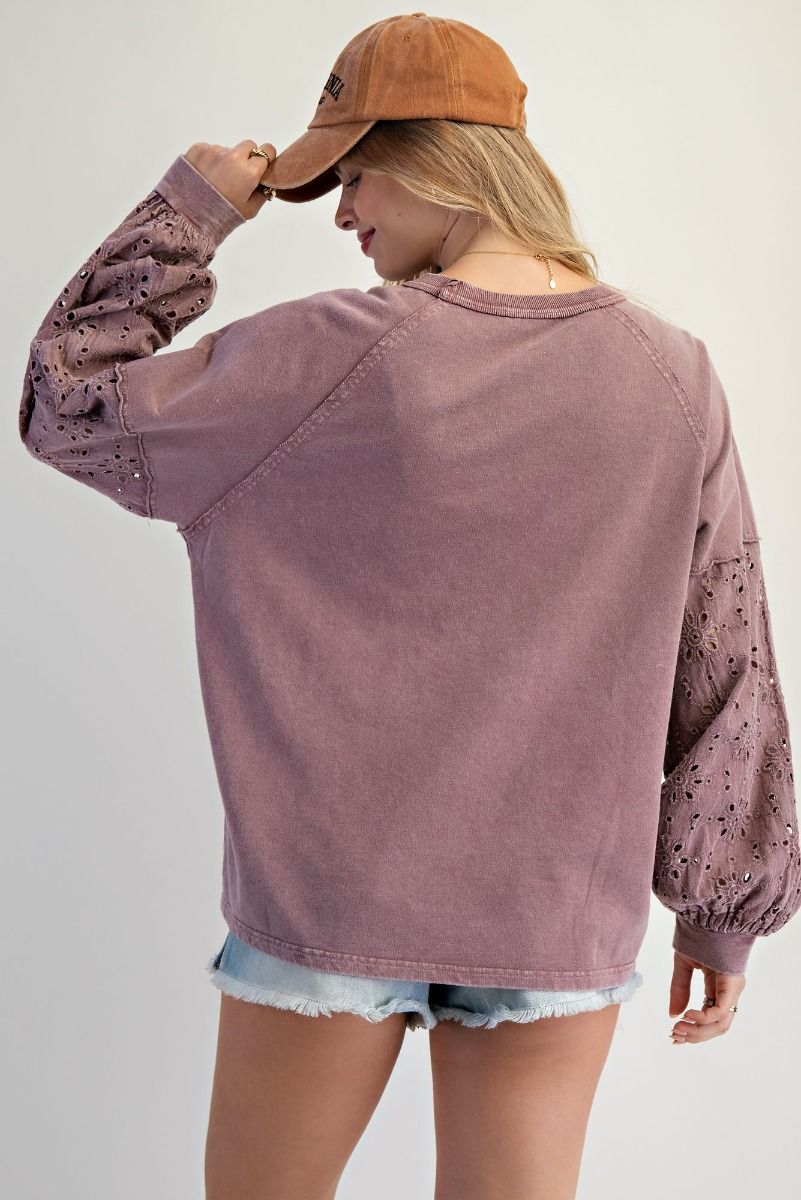 PLUS SIZE Easel Wine Color Washed Terry Pullover with Eyelet Lace Design