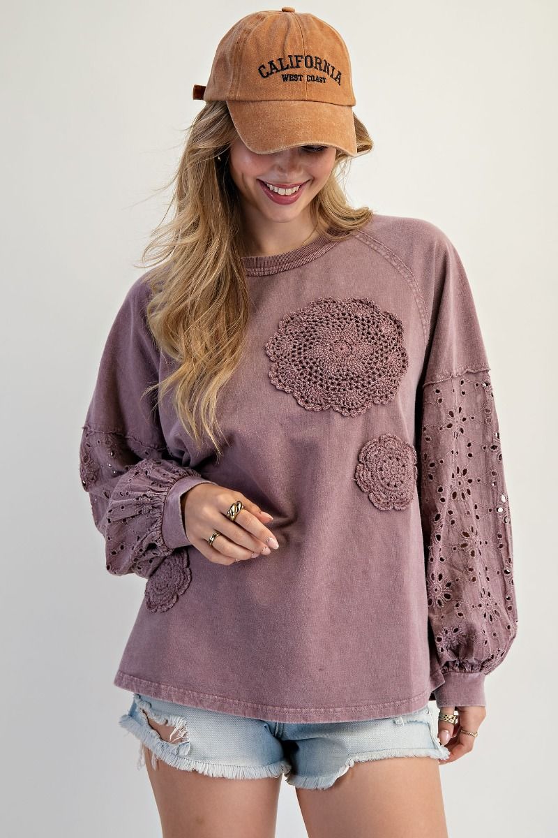 PLUS SIZE Easel Wine Color Washed Terry Pullover with Eyelet Lace Design