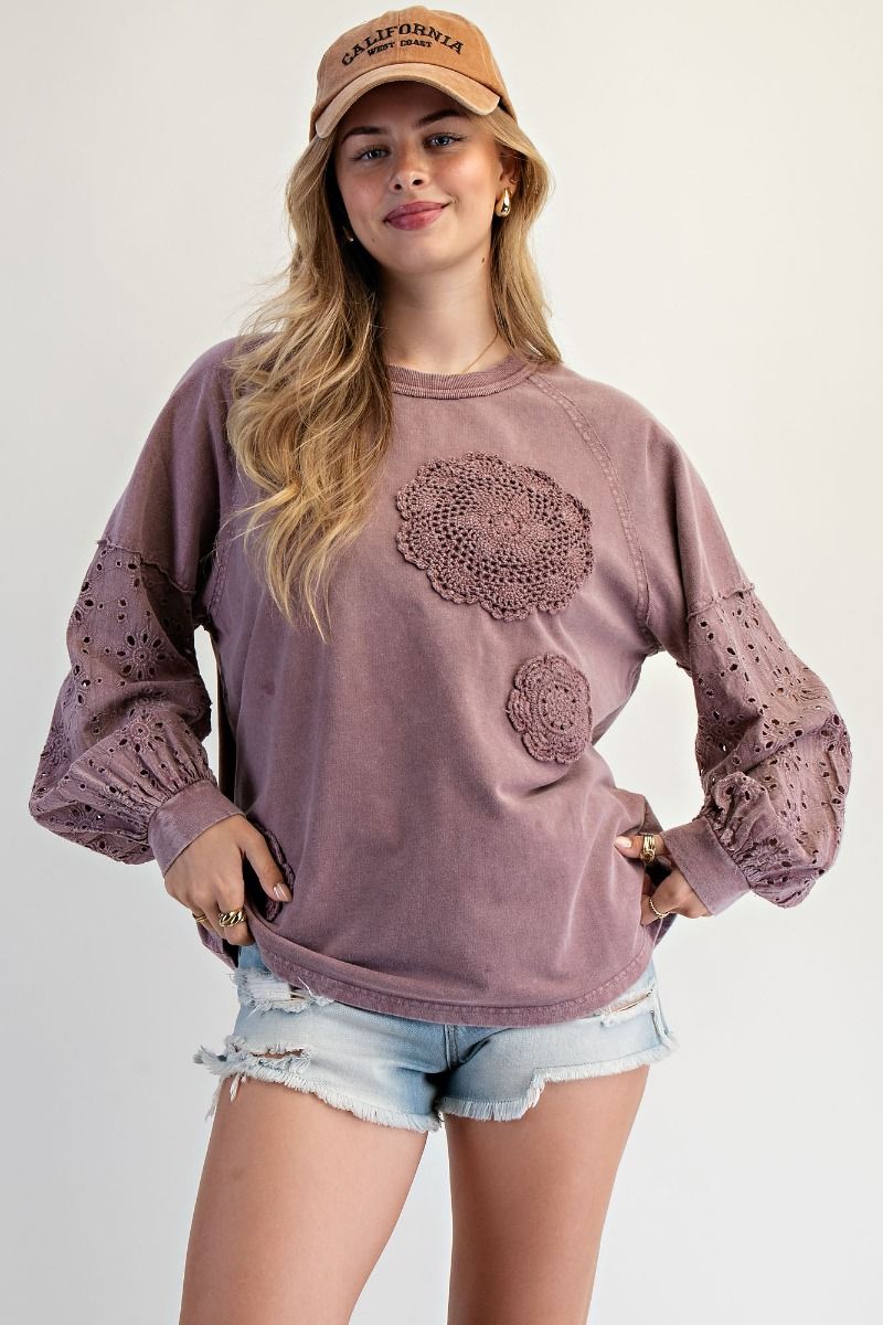 PLUS SIZE Easel Wine Color Washed Terry Pullover with Eyelet Lace Design