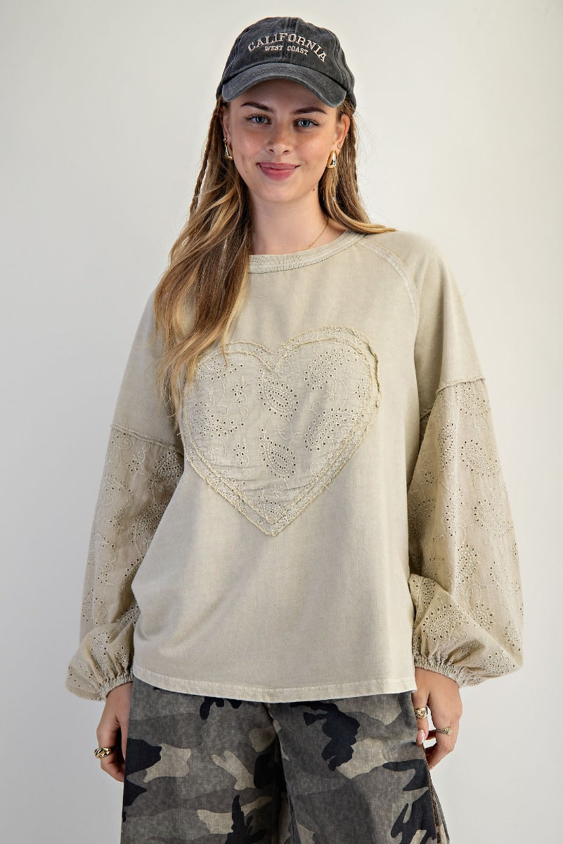 PLUS SIZE Easel Eyelet Lace Heart Patched Mineral Washed Cotton Top in Faded Sage