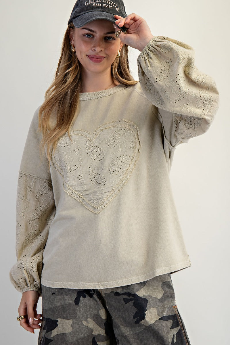 PLUS SIZE Easel Eyelet Lace Heart Patched Mineral Washed Cotton Top in Faded Sage